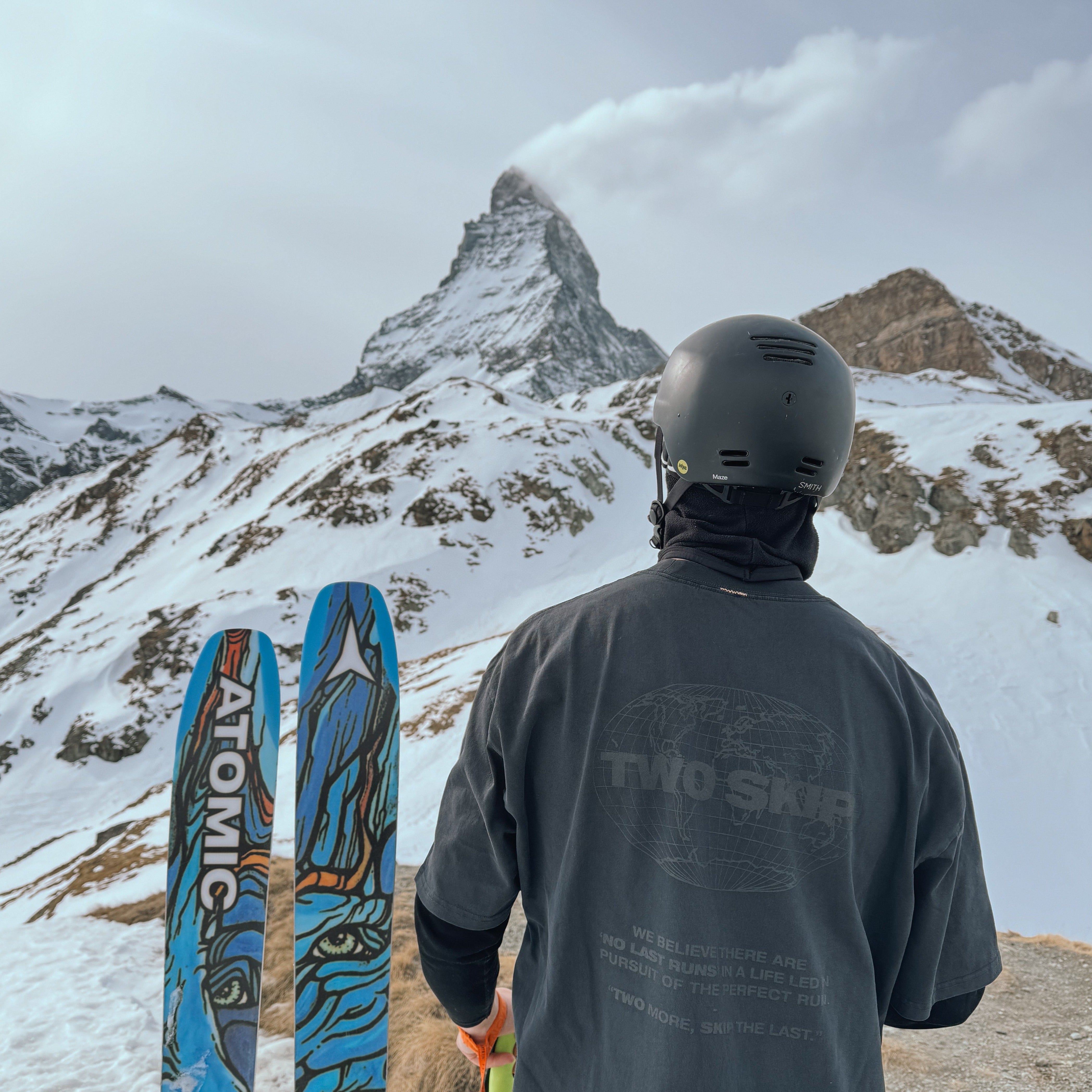 The "Ski The World" Tee in front of Matterhron